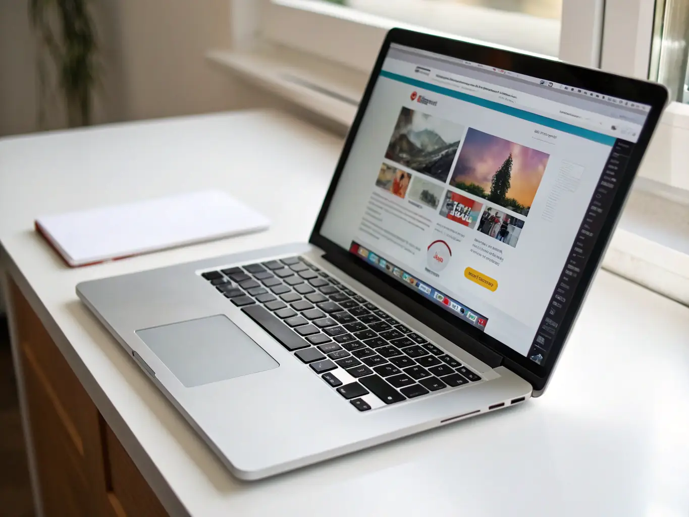 A modern laptop displaying a beautifully designed website on its screen, with vibrant colors and intuitive layout, representing Evian Solutions' website development service.