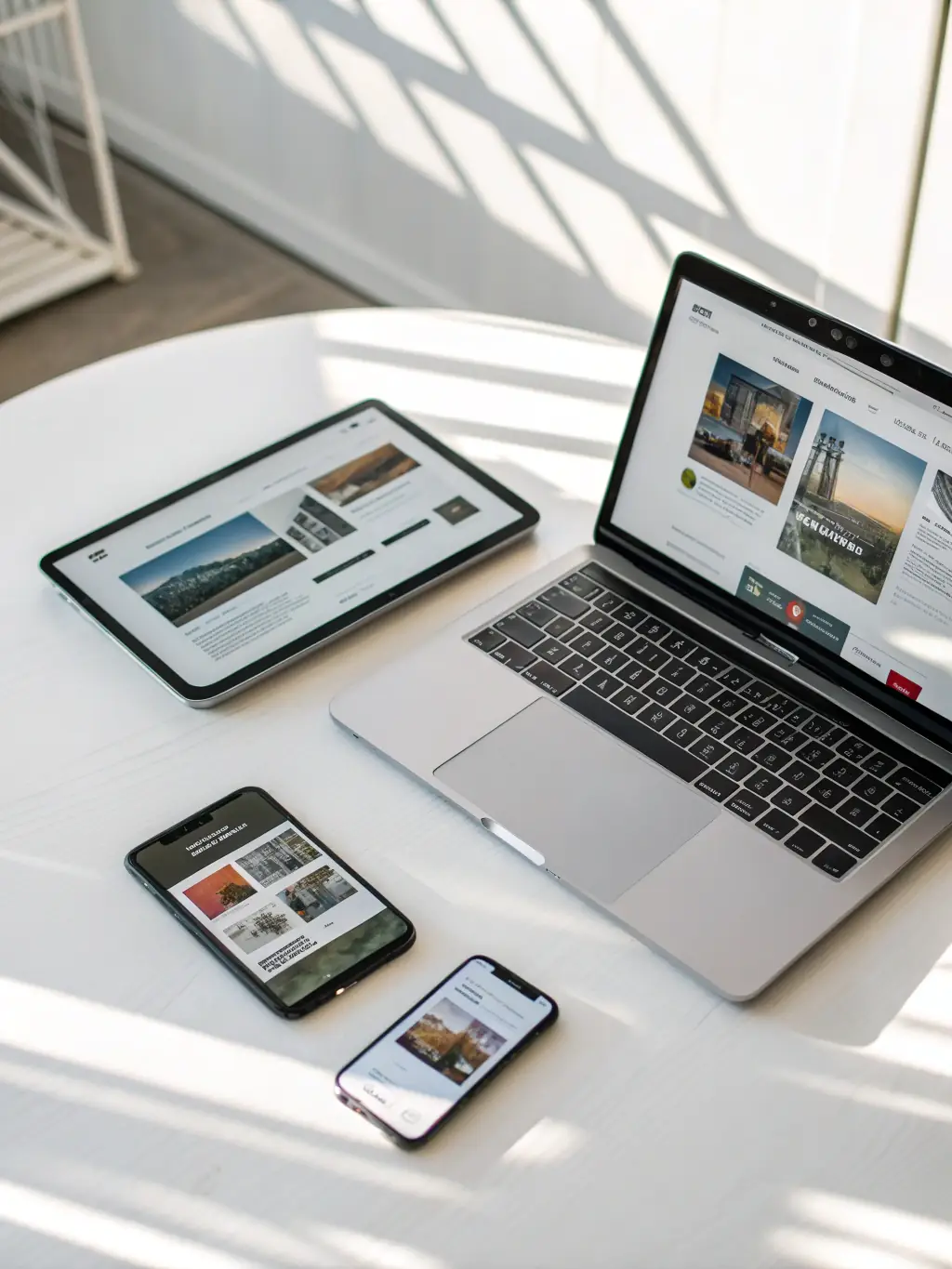 A clean, modern website design showcasing a responsive layout on various devices, emphasizing user experience and visual appeal, for Evian Solutions.