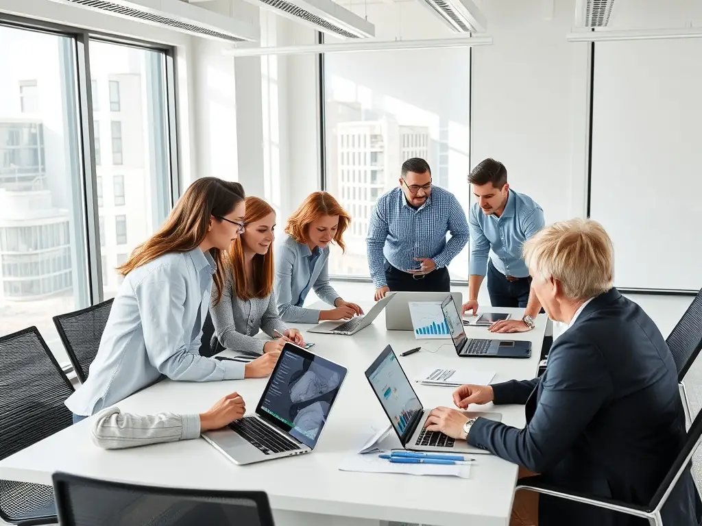 A diverse team of digital marketing experts collaborating in a modern office space, brainstorming ideas and analyzing data on large screens.