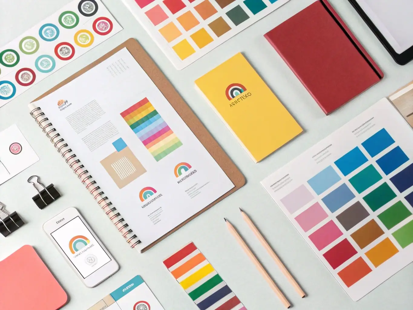 A collection of logo sketches and brand color palettes displayed on a clean background, showcasing Evian Solutions' brand identity design service.